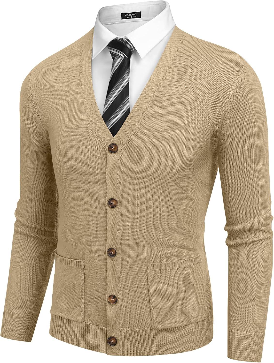 imageCOOFANDY Mens Cardigan Sweater Long Sleeve Casual V Neck Button Down Knitted Sweater with PocketsKhaki