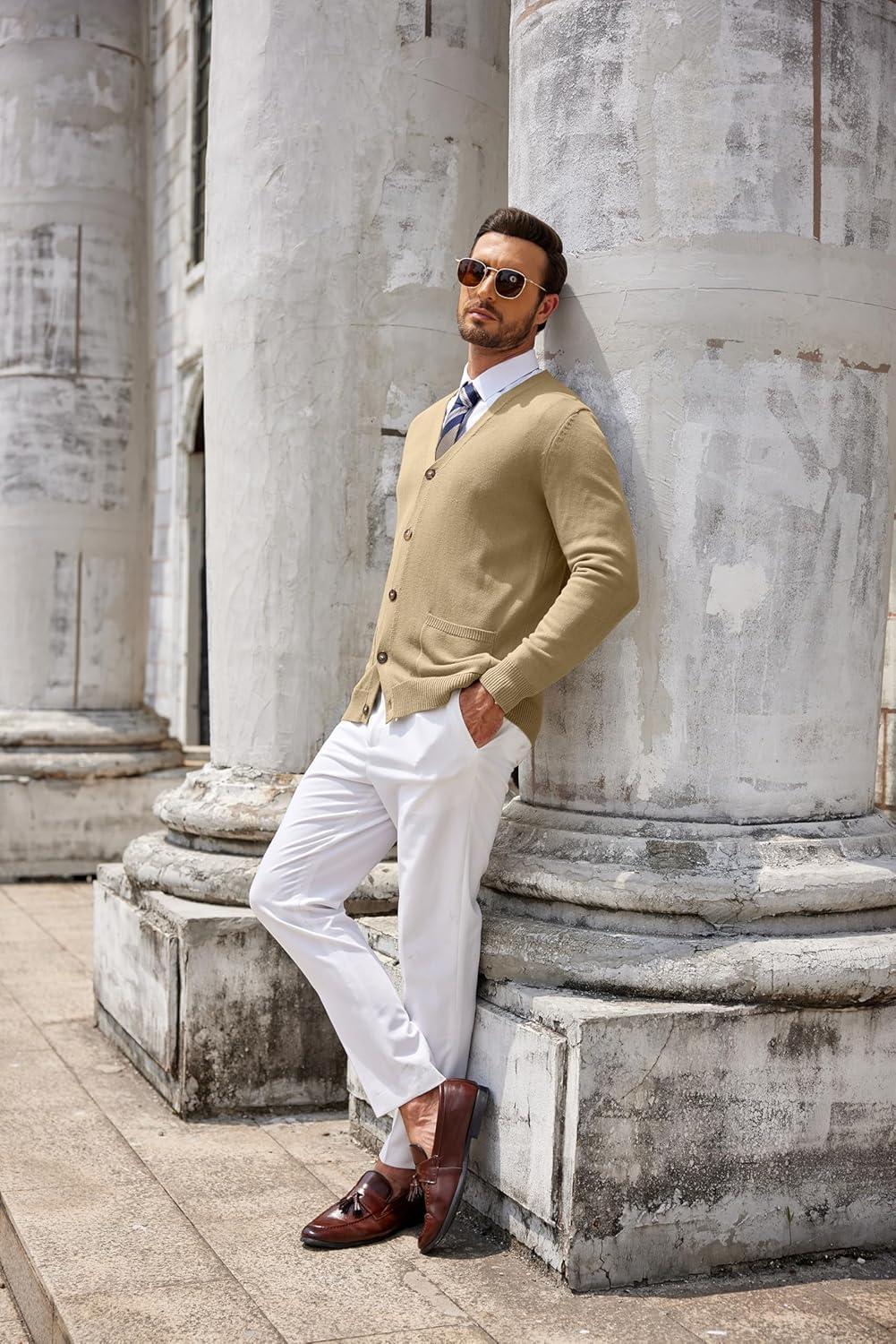 imageCOOFANDY Mens Cardigan Sweater Long Sleeve Casual V Neck Button Down Knitted Sweater with PocketsKhaki