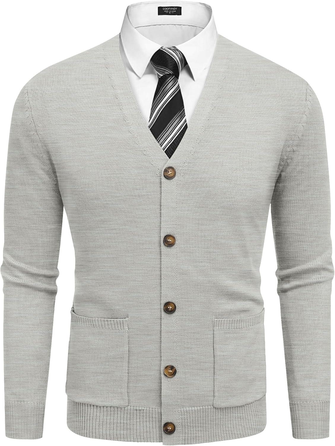 imageCOOFANDY Mens Cardigan Sweater Long Sleeve Casual V Neck Button Down Knitted Sweater with PocketsLight Grey