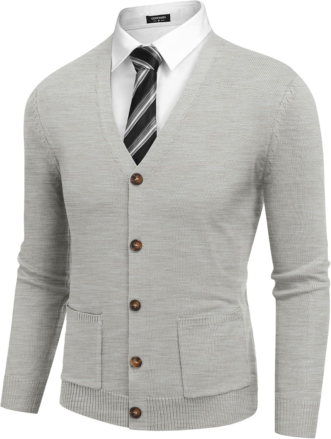 imageCOOFANDY Mens Cardigan Sweater Long Sleeve Casual V Neck Button Down Knitted Sweater with PocketsLight Grey