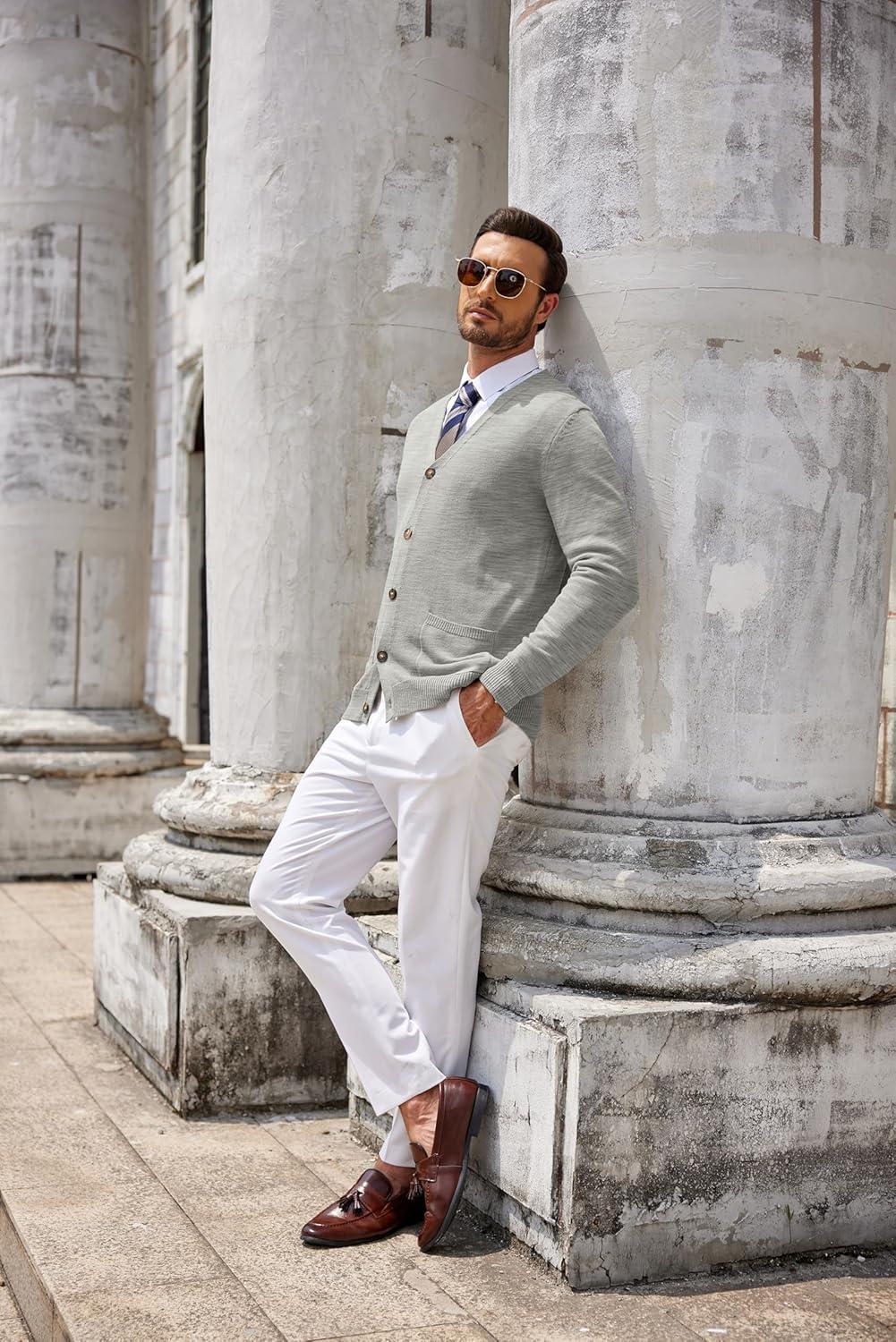 imageCOOFANDY Mens Cardigan Sweater Long Sleeve Casual V Neck Button Down Knitted Sweater with PocketsLight Grey