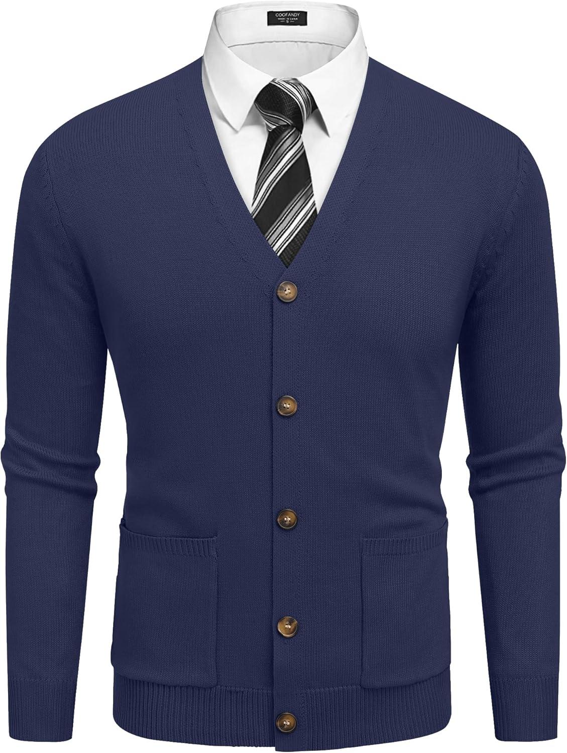 imageCOOFANDY Mens Cardigan Sweater Long Sleeve Casual V Neck Button Down Knitted Sweater with PocketsNavy Blue