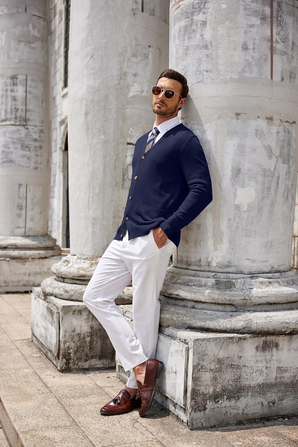 imageCOOFANDY Mens Cardigan Sweater Long Sleeve Casual V Neck Button Down Knitted Sweater with PocketsNavy Blue