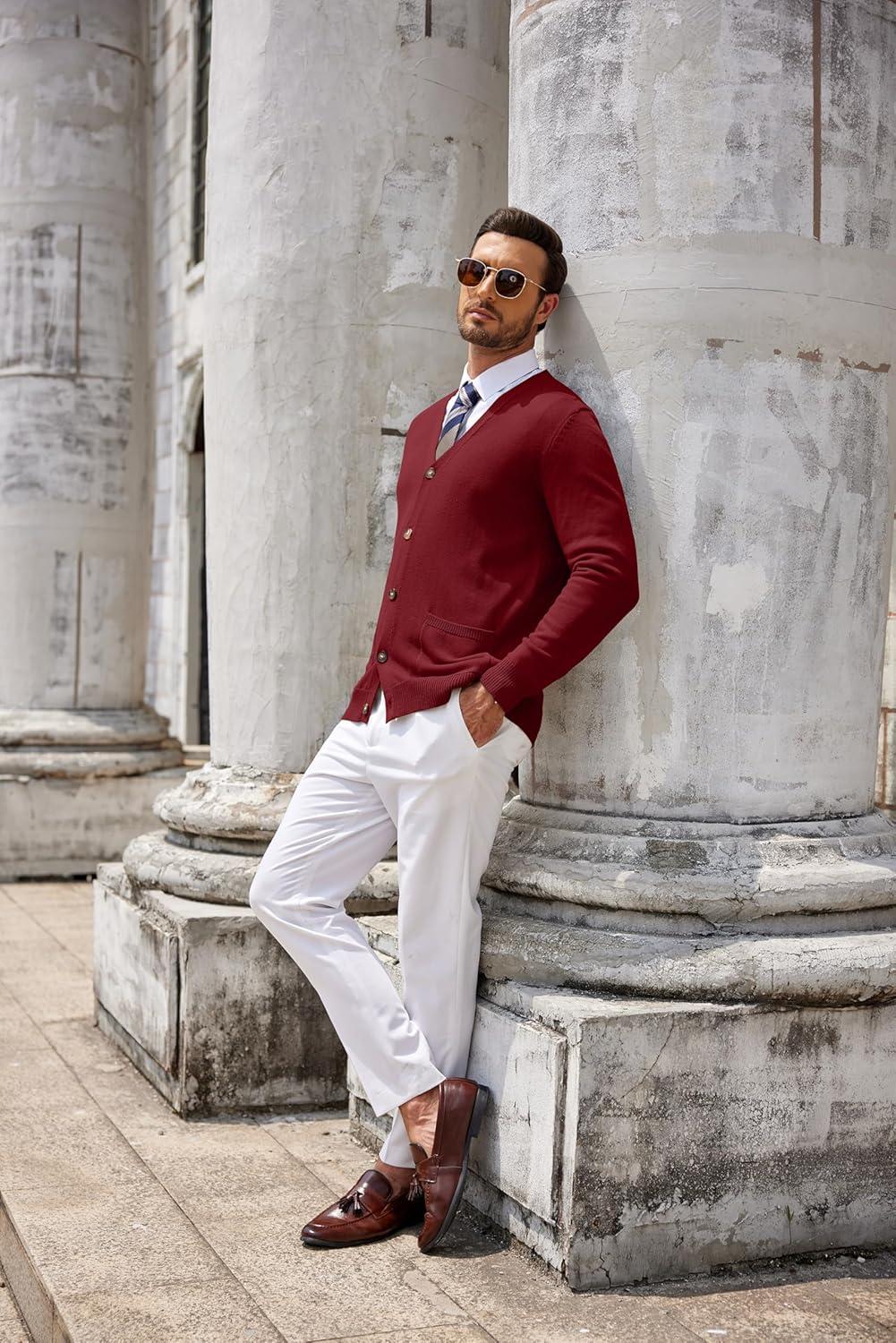 imageCOOFANDY Mens Cardigan Sweater Long Sleeve Casual V Neck Button Down Knitted Sweater with PocketsWine Red