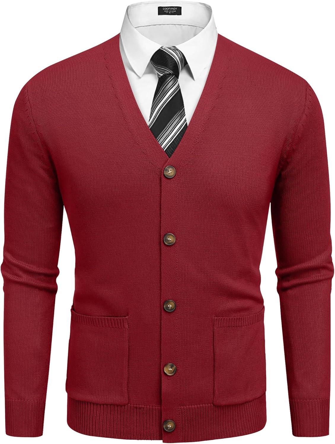 imageCOOFANDY Mens Cardigan Sweater Long Sleeve Casual V Neck Button Down Knitted Sweater with PocketsWine Red