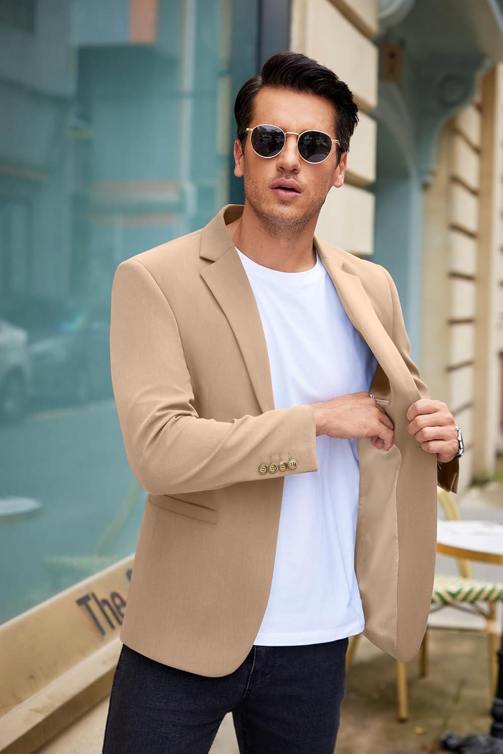 imageCOOFANDY Mens Casual Blazer Slim Fit Suit Jacket Lightweight One Button Business Sport CoatsKhaki