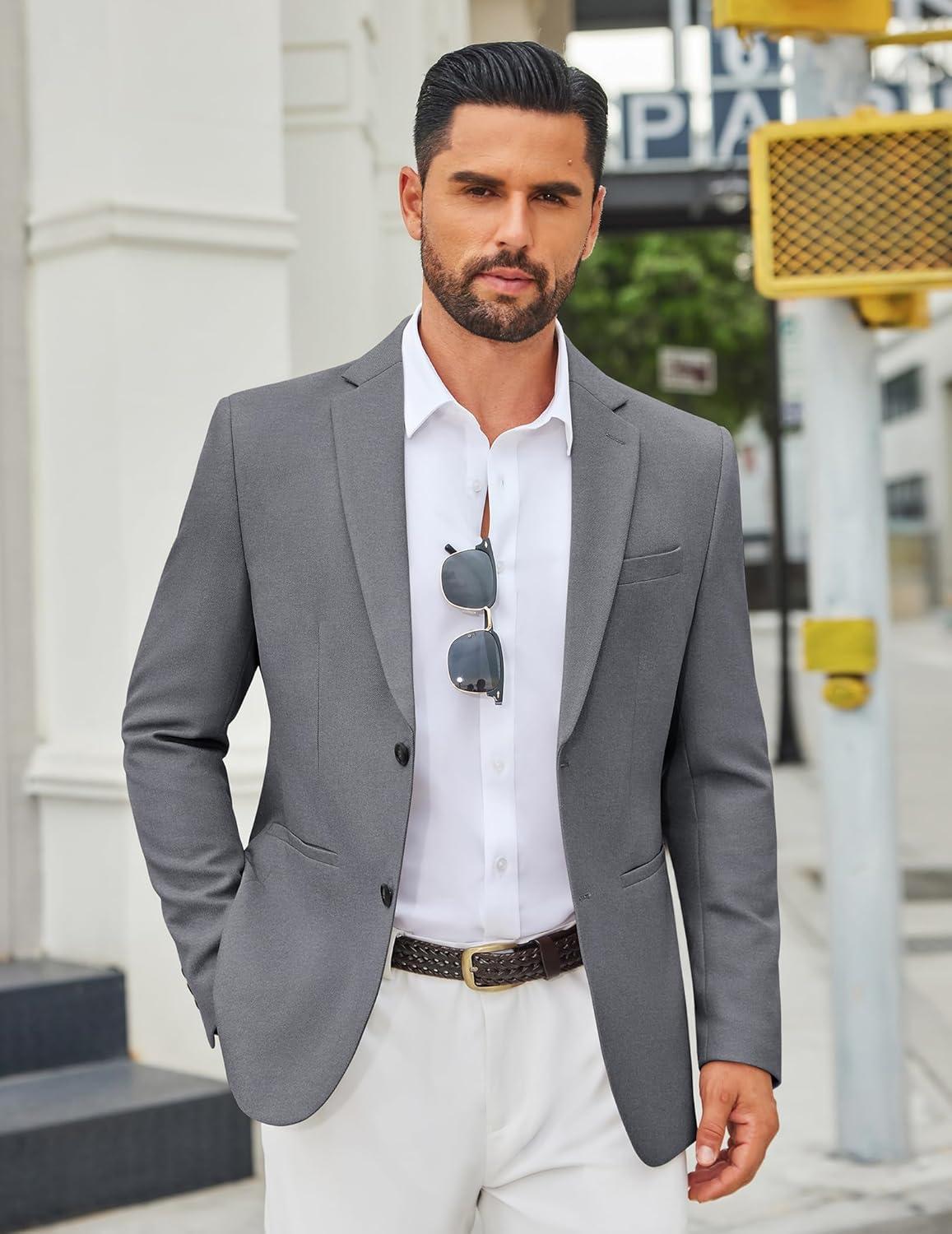 imageCOOFANDY Mens Casual Blazer Slim Fit Two Buttons Sport Coat Lightweight Suit JacketGrey