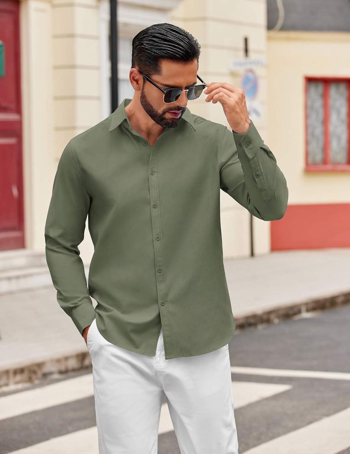 imageCOOFANDY Mens Casual Button Down Shirts Long Sleeve Regualar Fit Dress Shirt Oxford Shirts for MenArmy Green