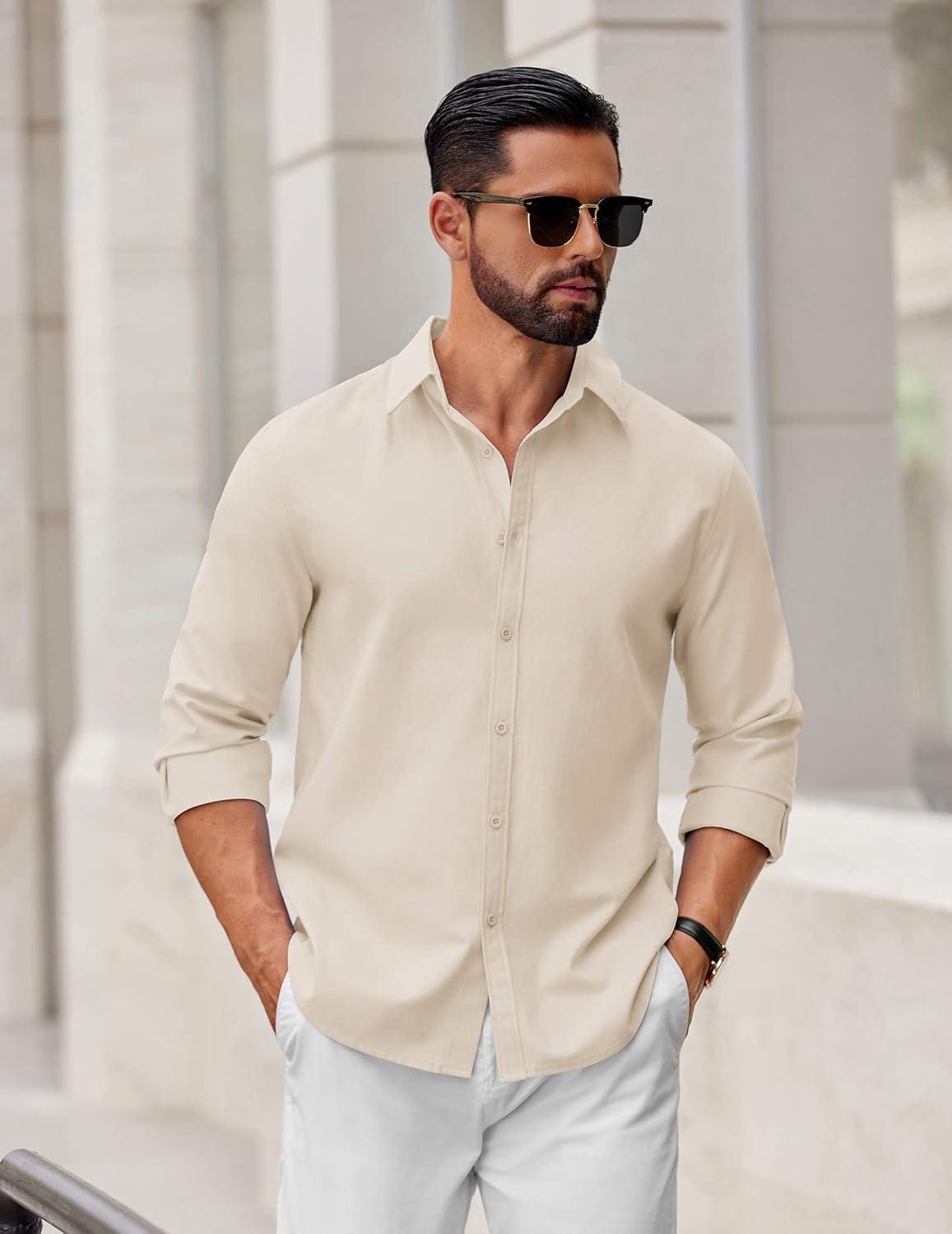 imageCOOFANDY Mens Casual Button Down Shirts Long Sleeve Regualar Fit Dress Shirt Oxford Shirts for MenBeige