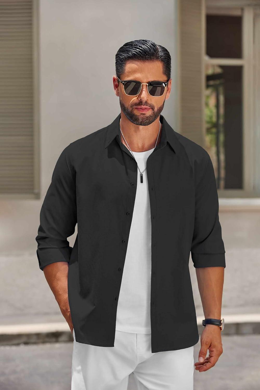 imageCOOFANDY Mens Casual Button Down Shirts Long Sleeve Regualar Fit Dress Shirt Oxford Shirts for MenBlack