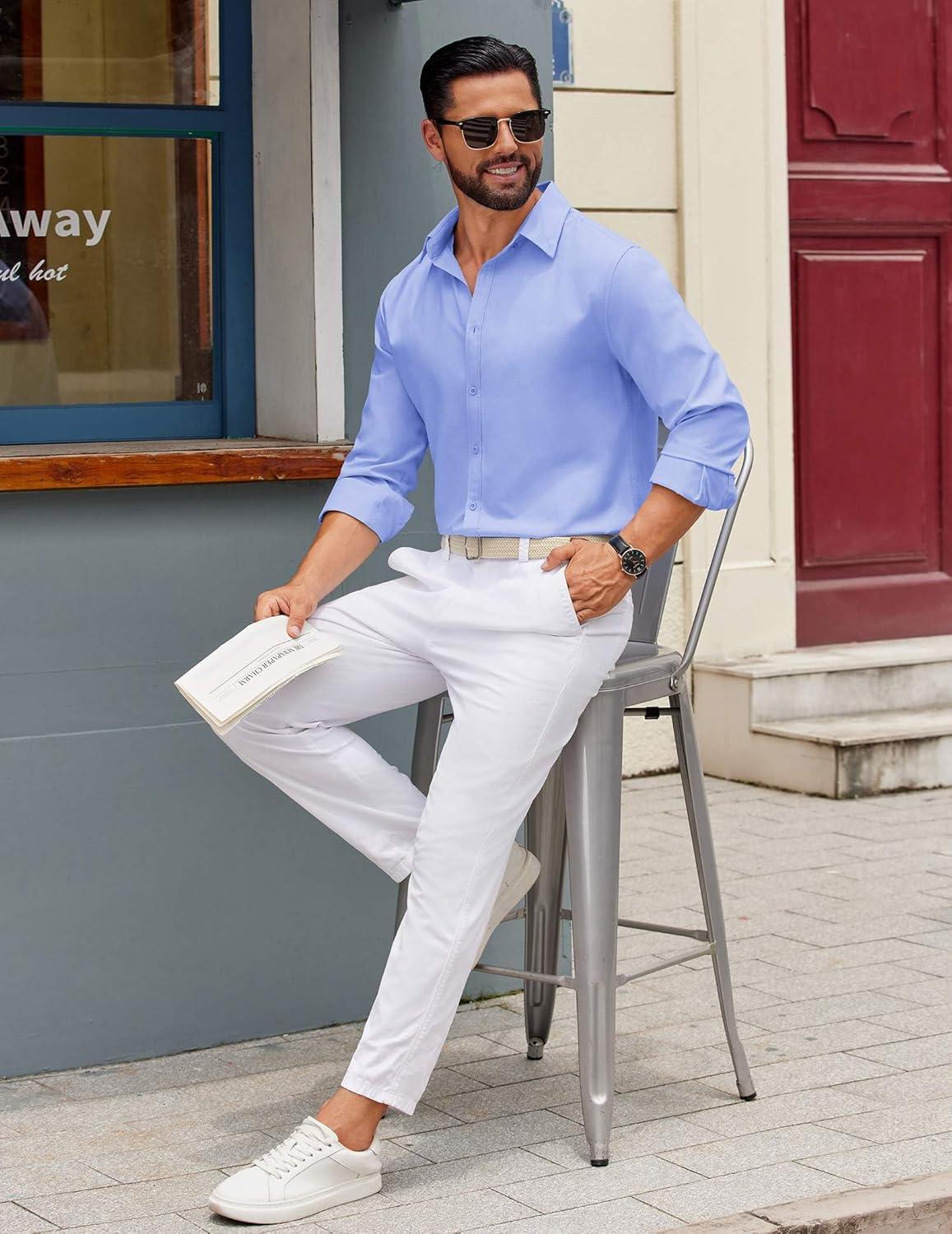 imageCOOFANDY Mens Casual Button Down Shirts Long Sleeve Regualar Fit Dress Shirt Oxford Shirts for MenBlue