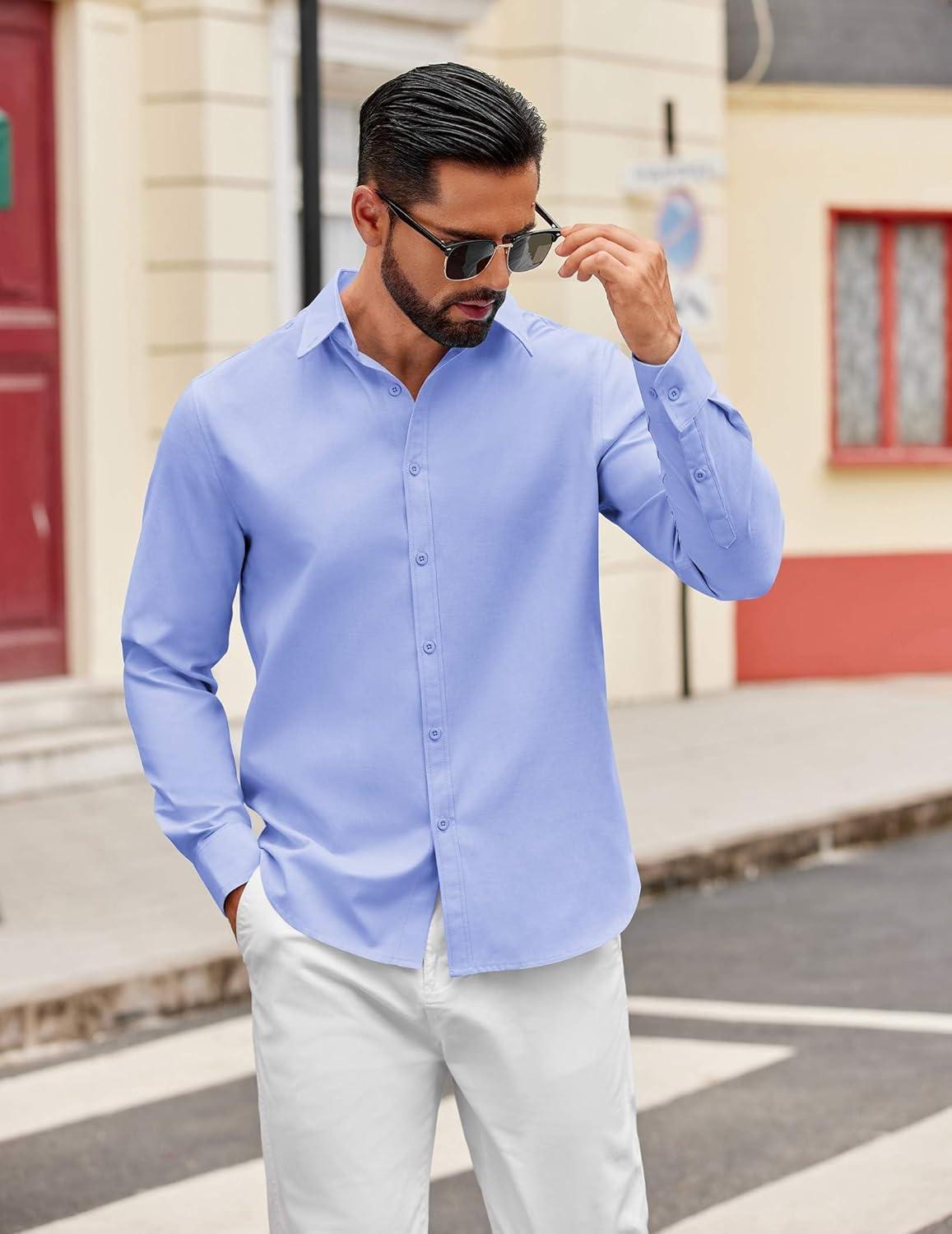 imageCOOFANDY Mens Casual Button Down Shirts Long Sleeve Regualar Fit Dress Shirt Oxford Shirts for MenBlue