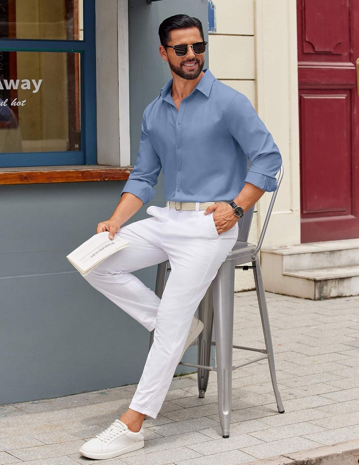 imageCOOFANDY Mens Casual Button Down Shirts Long Sleeve Regualar Fit Dress Shirt Oxford Shirts for MenGrey Blue