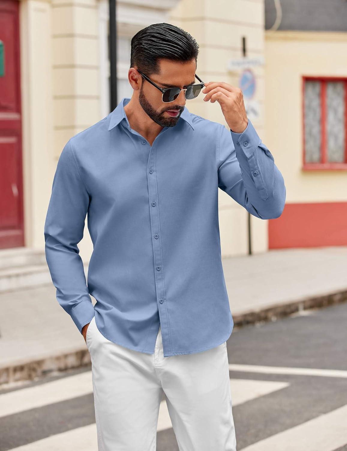 imageCOOFANDY Mens Casual Button Down Shirts Long Sleeve Regualar Fit Dress Shirt Oxford Shirts for MenGrey Blue
