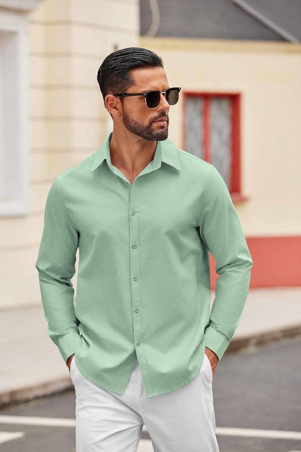 imageCOOFANDY Mens Casual Button Down Shirts Long Sleeve Regualar Fit Dress Shirt Oxford Shirts for MenGrey Green