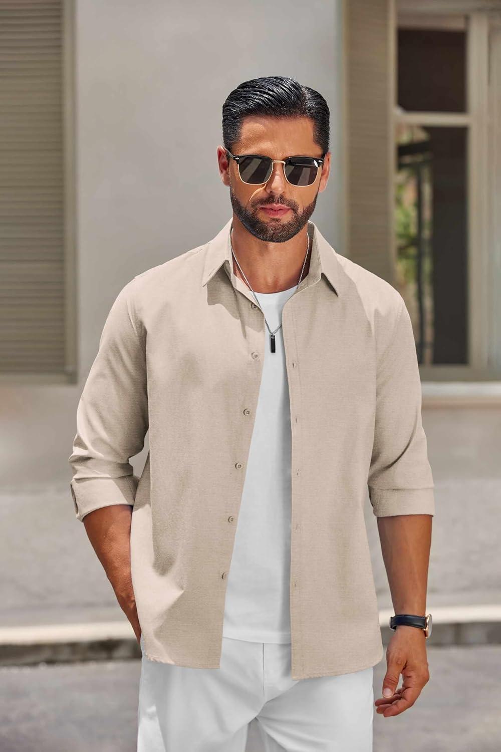 imageCOOFANDY Mens Casual Button Down Shirts Long Sleeve Regualar Fit Dress Shirt Oxford Shirts for MenKhaki