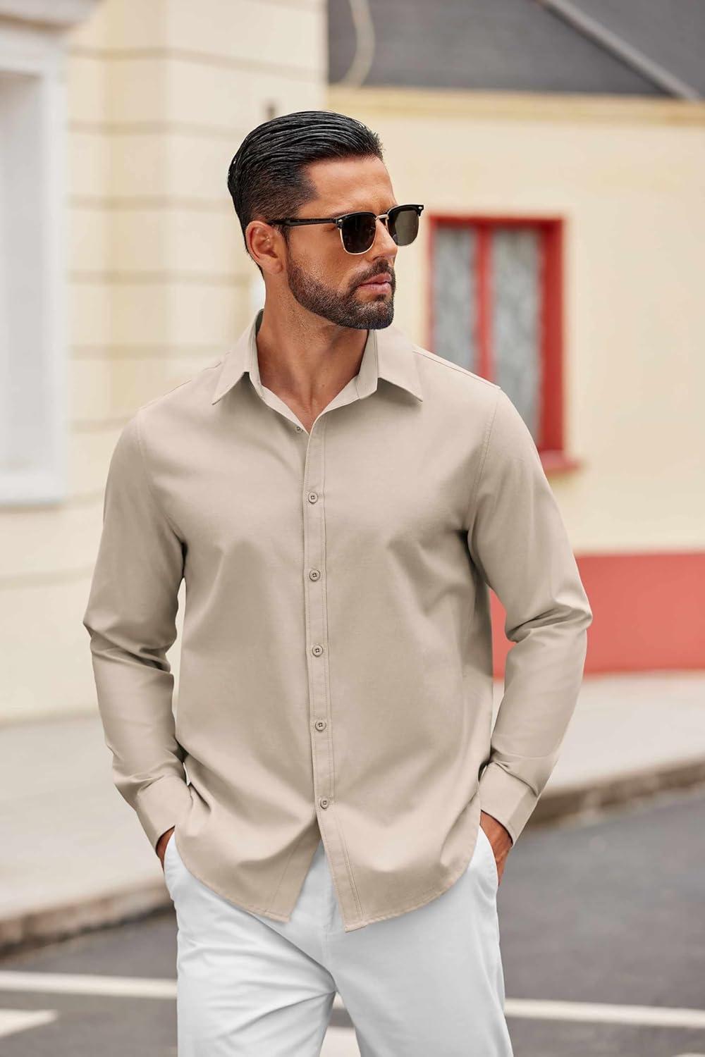 imageCOOFANDY Mens Casual Button Down Shirts Long Sleeve Regualar Fit Dress Shirt Oxford Shirts for MenKhaki