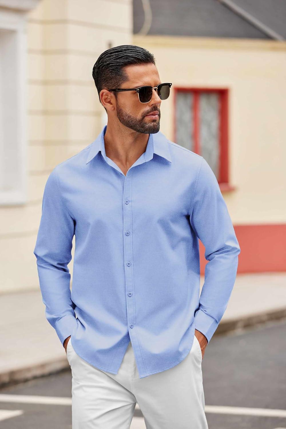 imageCOOFANDY Mens Casual Button Down Shirts Long Sleeve Regualar Fit Dress Shirt Oxford Shirts for MenLight Blue