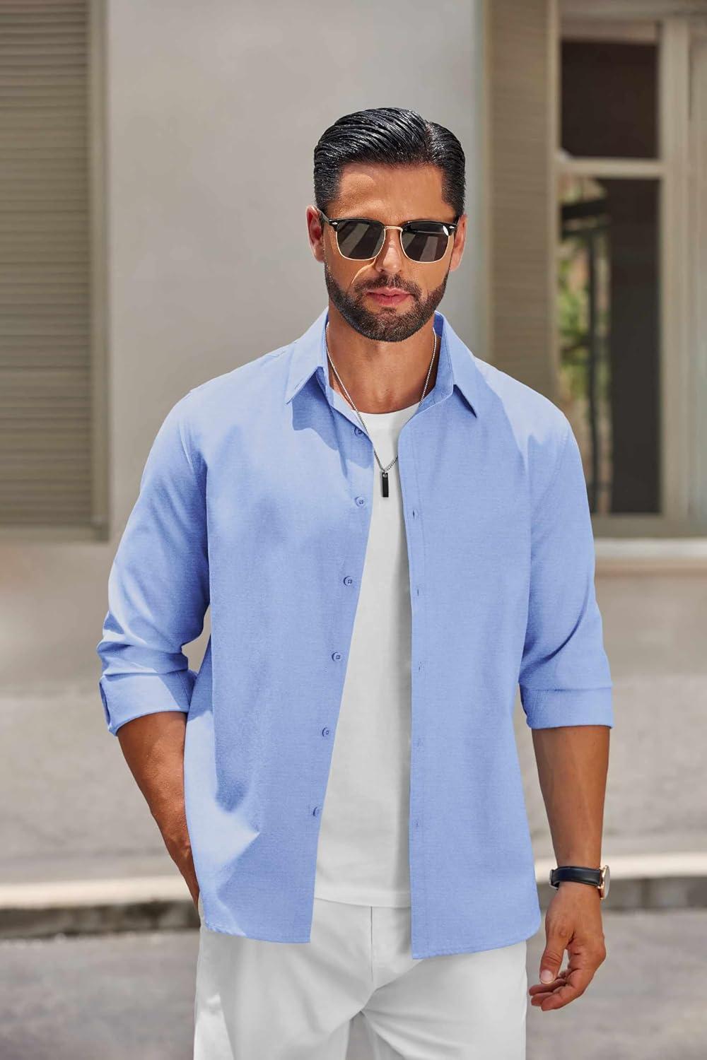 imageCOOFANDY Mens Casual Button Down Shirts Long Sleeve Regualar Fit Dress Shirt Oxford Shirts for MenLight Blue