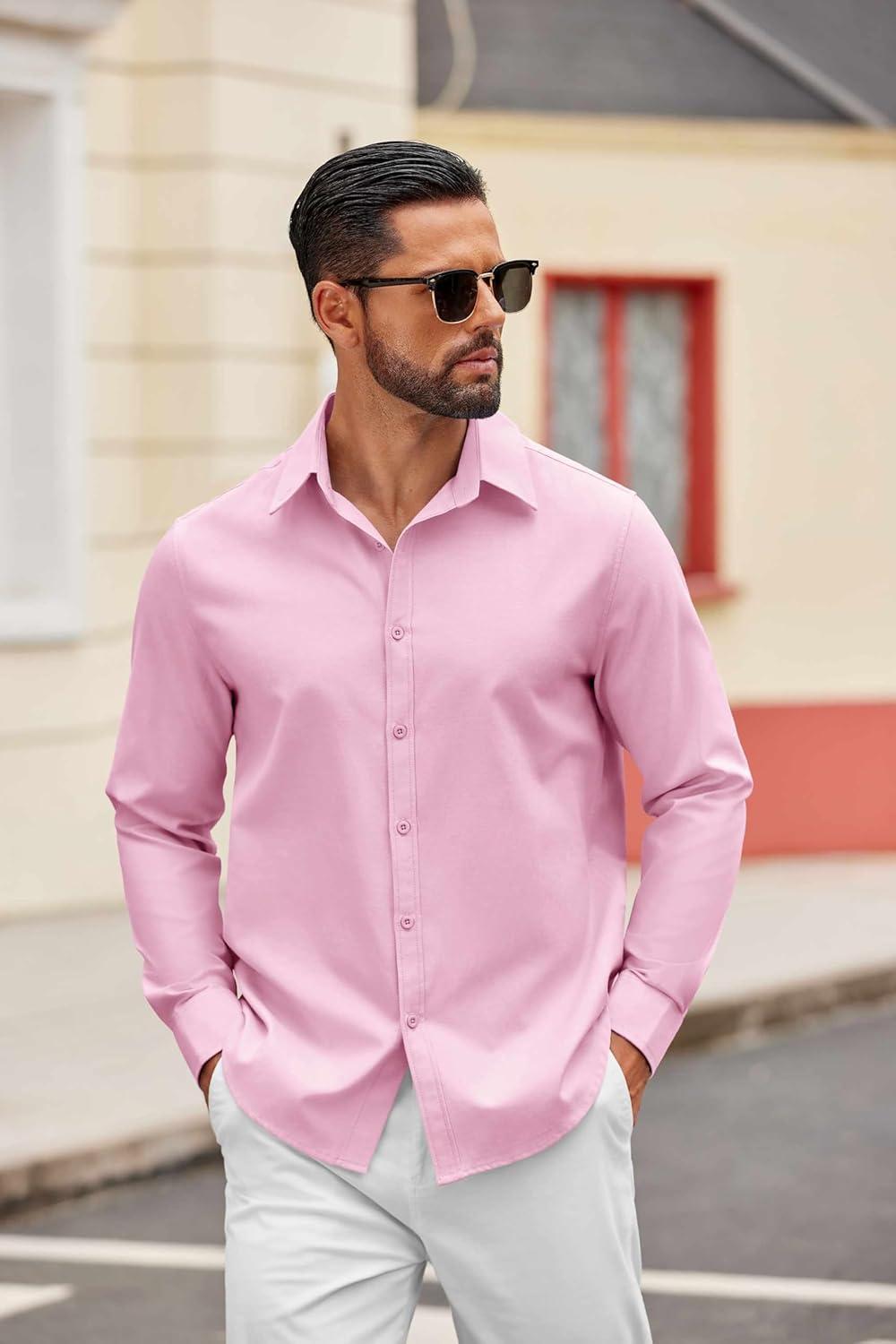 imageCOOFANDY Mens Casual Button Down Shirts Long Sleeve Regualar Fit Dress Shirt Oxford Shirts for MenPink