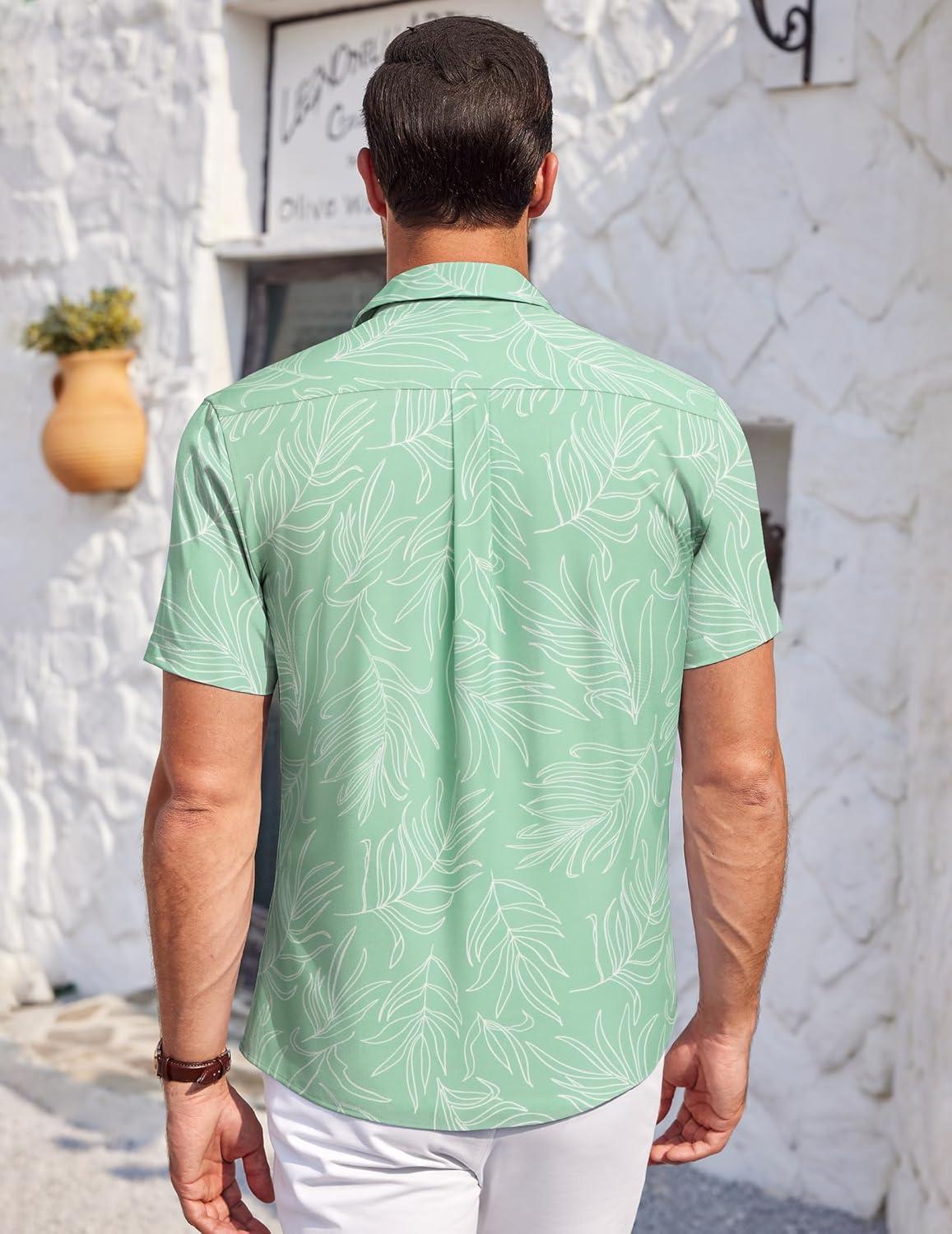 imageCOOFANDY Mens Casual Button Down Shirts Short Sleeve Summer Beach Vacation Untucked Dress Shirts with PocketLeafgreen
