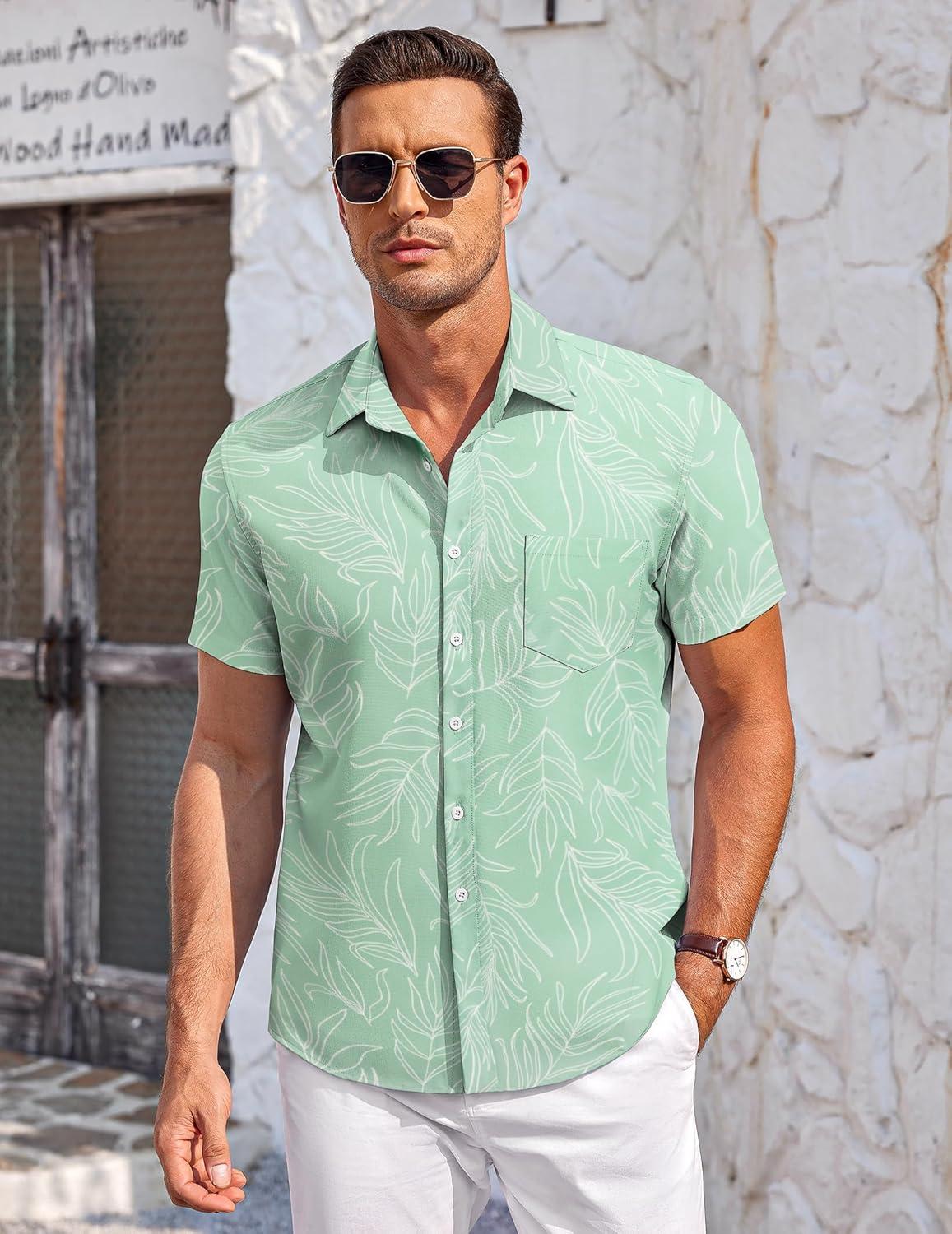 imageCOOFANDY Mens Casual Button Down Shirts Short Sleeve Summer Beach Vacation Untucked Dress Shirts with PocketLeafgreen