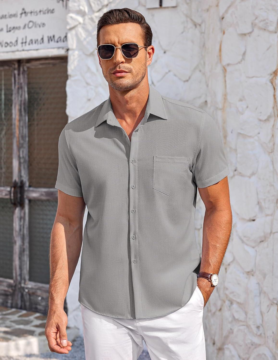 imageCOOFANDY Mens Casual Button Down Shirts Short Sleeve Summer Beach Vacation Untucked Dress Shirts with PocketLight Grey