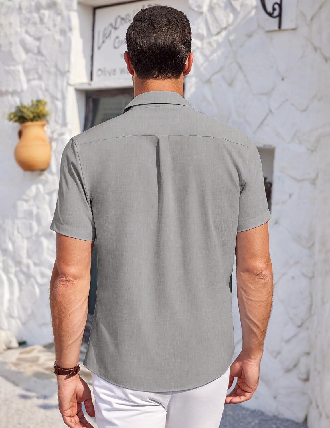 imageCOOFANDY Mens Casual Button Down Shirts Short Sleeve Summer Beach Vacation Untucked Dress Shirts with PocketLight Grey