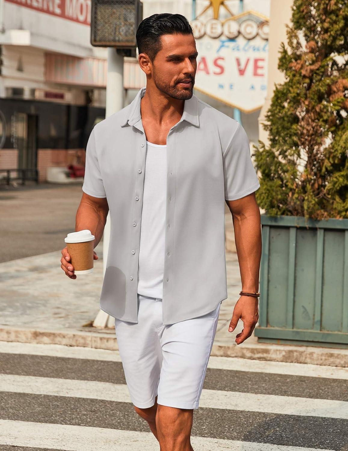 imageCOOFANDY Mens Casual Button Down Short Sleeve Shirts Untucked Wrinkle Free Shirt Stretch Dress ShirtsLight Grey