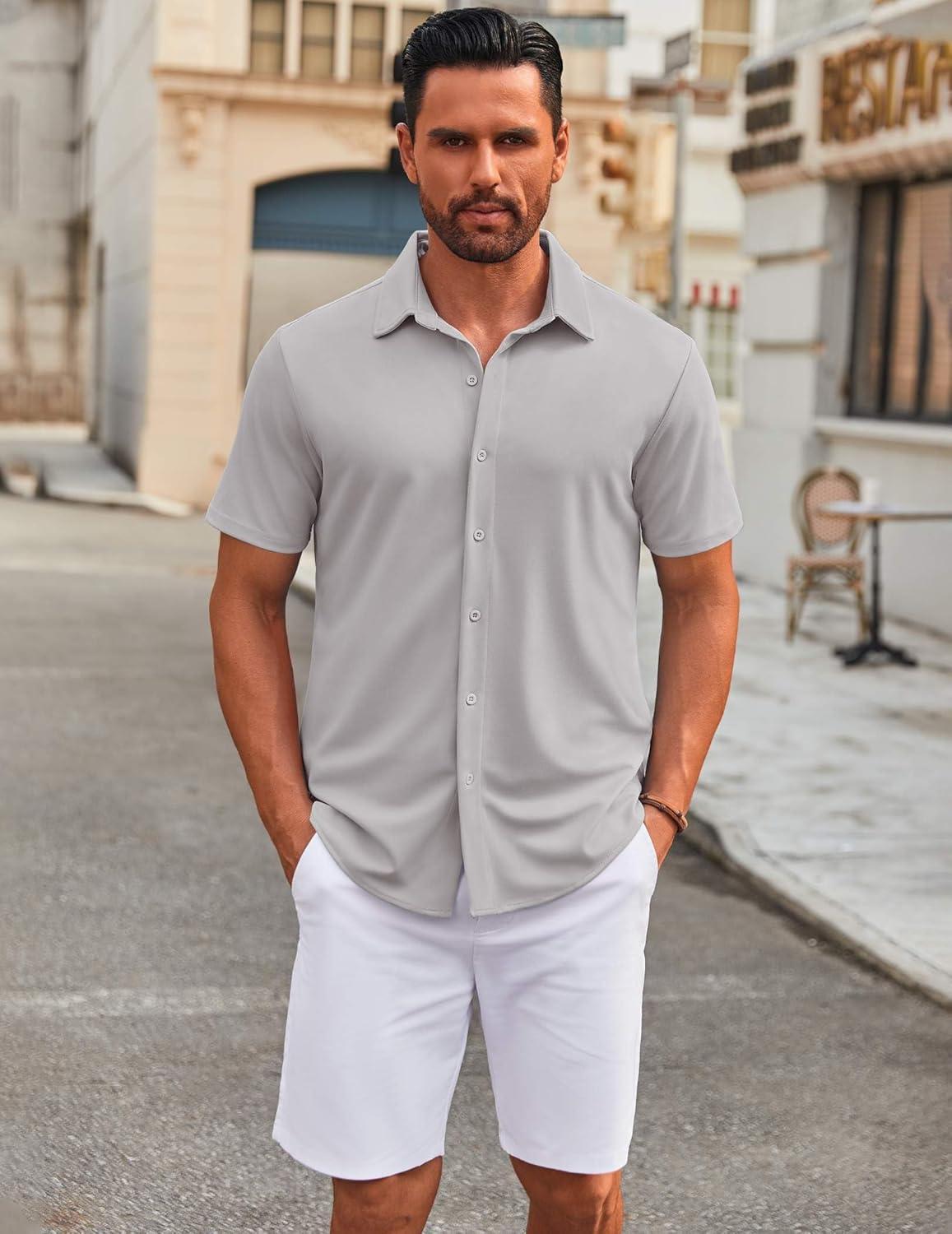 imageCOOFANDY Mens Casual Button Down Short Sleeve Shirts Untucked Wrinkle Free Shirt Stretch Dress ShirtsLight Grey