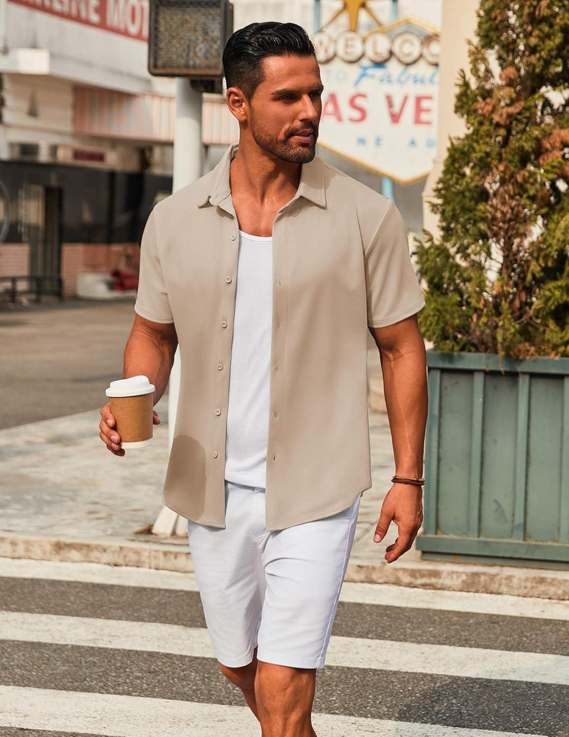 imageCOOFANDY Mens Casual Button Down Short Sleeve Shirts Untucked Wrinkle Free Shirt Stretch Dress ShirtsLight Khaki