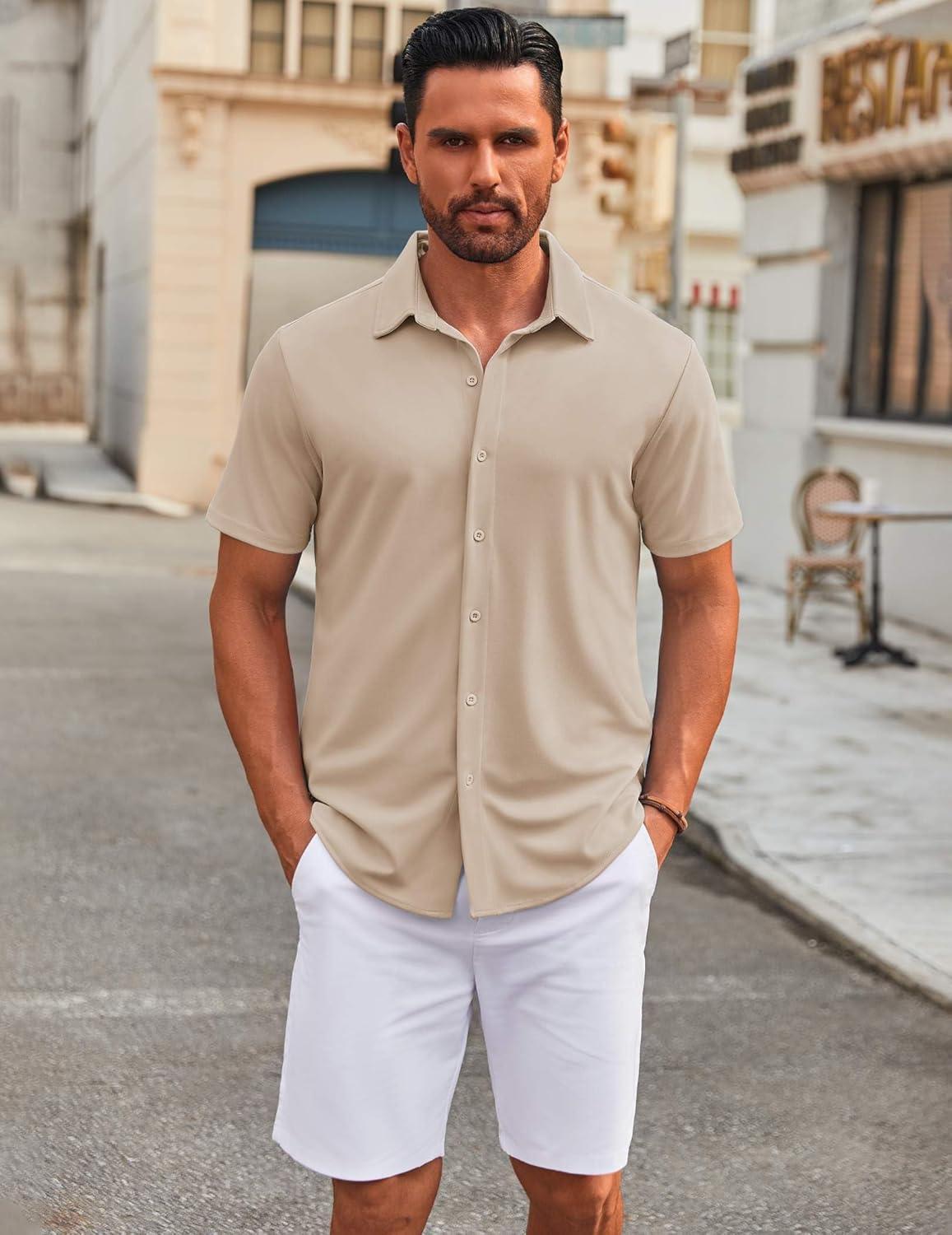 imageCOOFANDY Mens Casual Button Down Short Sleeve Shirts Untucked Wrinkle Free Shirt Stretch Dress ShirtsLight Khaki