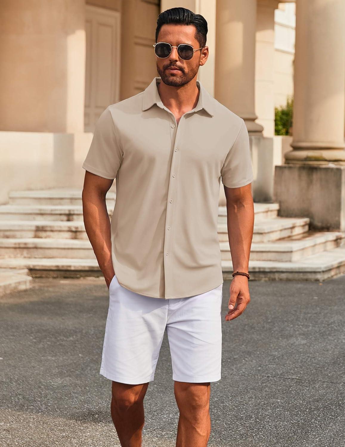 imageCOOFANDY Mens Casual Button Down Short Sleeve Shirts Untucked Wrinkle Free Shirt Stretch Dress ShirtsLight Khaki