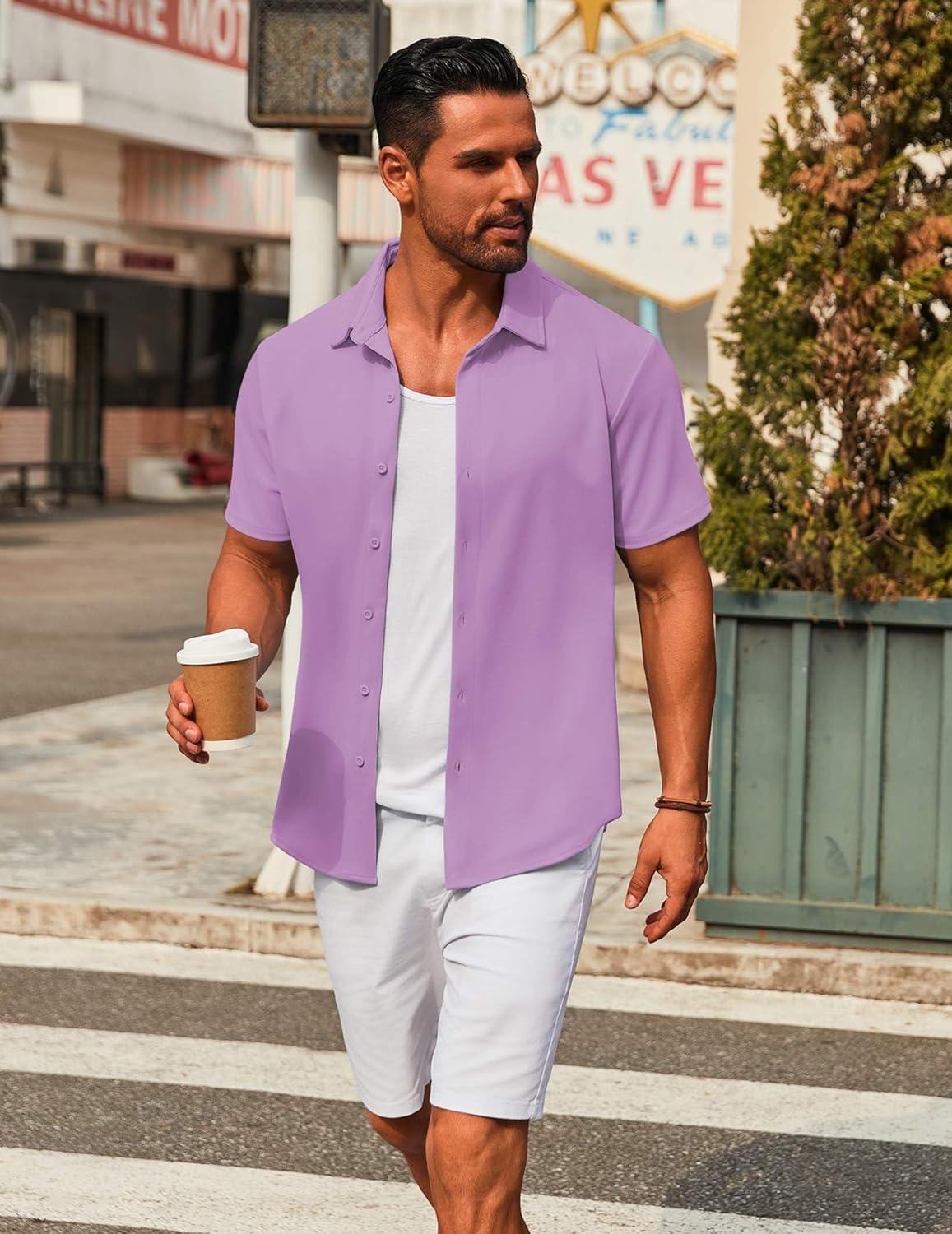 imageCOOFANDY Mens Casual Button Down Short Sleeve Shirts Untucked Wrinkle Free Shirt Stretch Dress ShirtsLilac