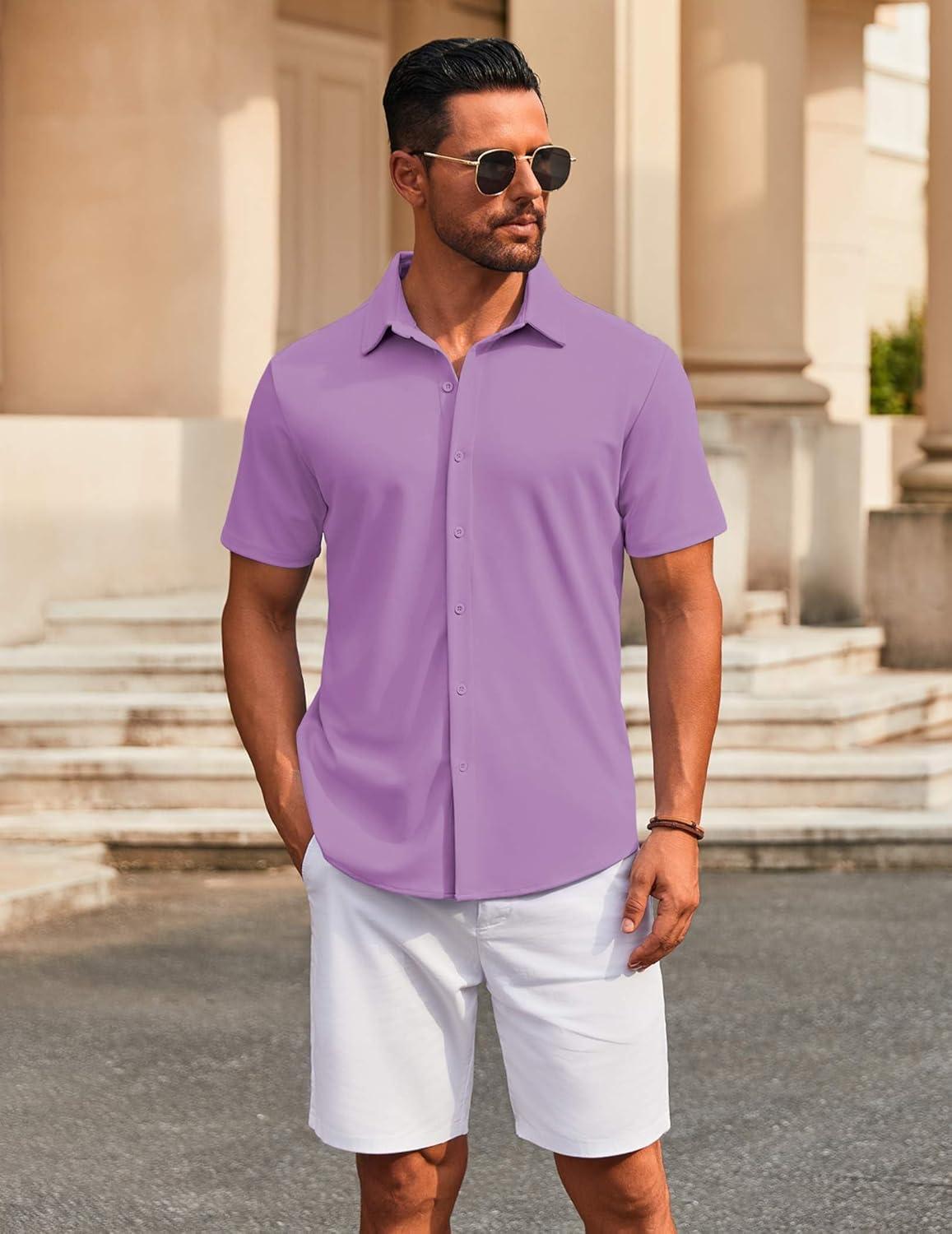 imageCOOFANDY Mens Casual Button Down Short Sleeve Shirts Untucked Wrinkle Free Shirt Stretch Dress ShirtsLilac