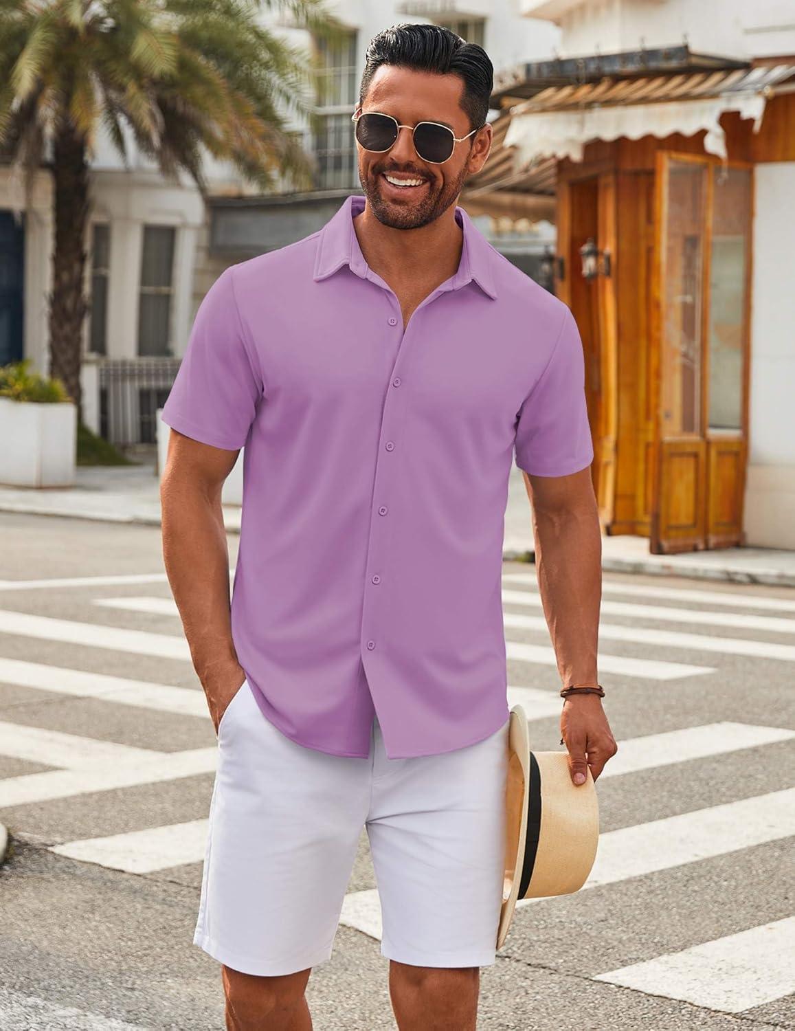 imageCOOFANDY Mens Casual Button Down Short Sleeve Shirts Untucked Wrinkle Free Shirt Stretch Dress ShirtsLilac