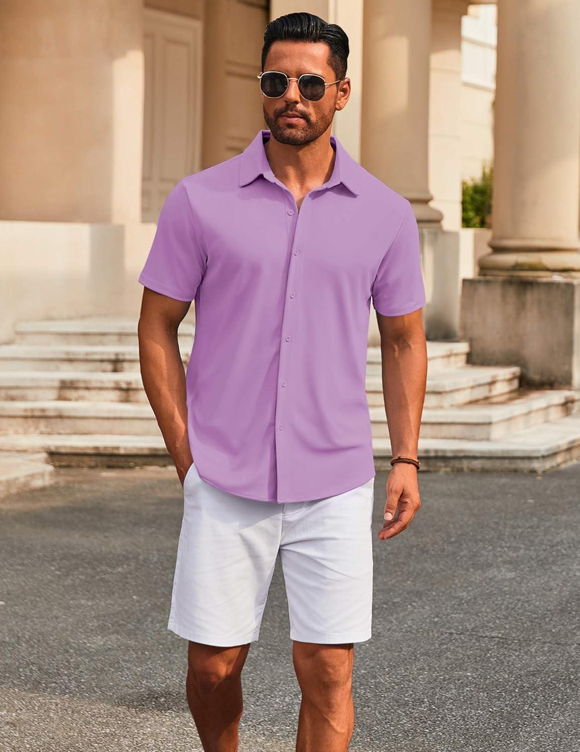 imageCOOFANDY Mens Casual Button Down Short Sleeve Shirts Untucked Wrinkle Free Shirt Stretch Dress ShirtsLilac