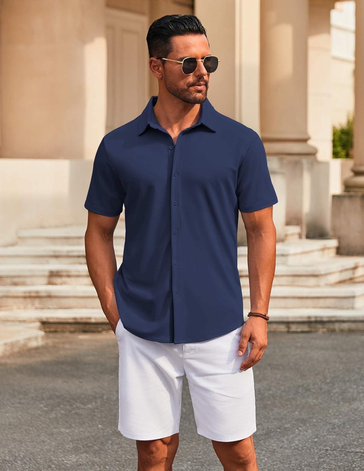 imageCOOFANDY Mens Casual Button Down Short Sleeve Shirts Untucked Wrinkle Free Shirt Stretch Dress ShirtsNavy Blue