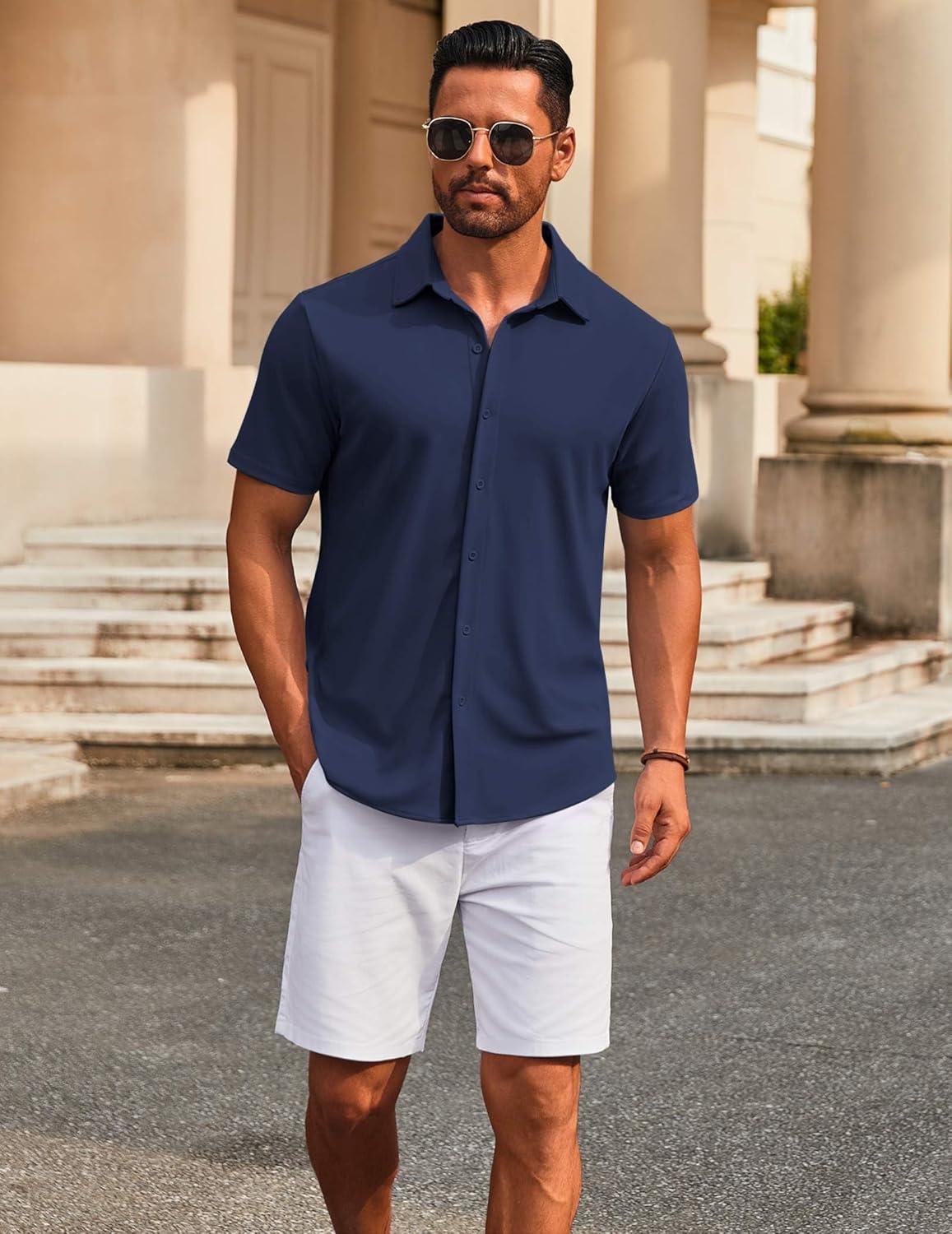 imageCOOFANDY Mens Casual Button Down Short Sleeve Shirts Untucked Wrinkle Free Shirt Stretch Dress ShirtsNavy Blue