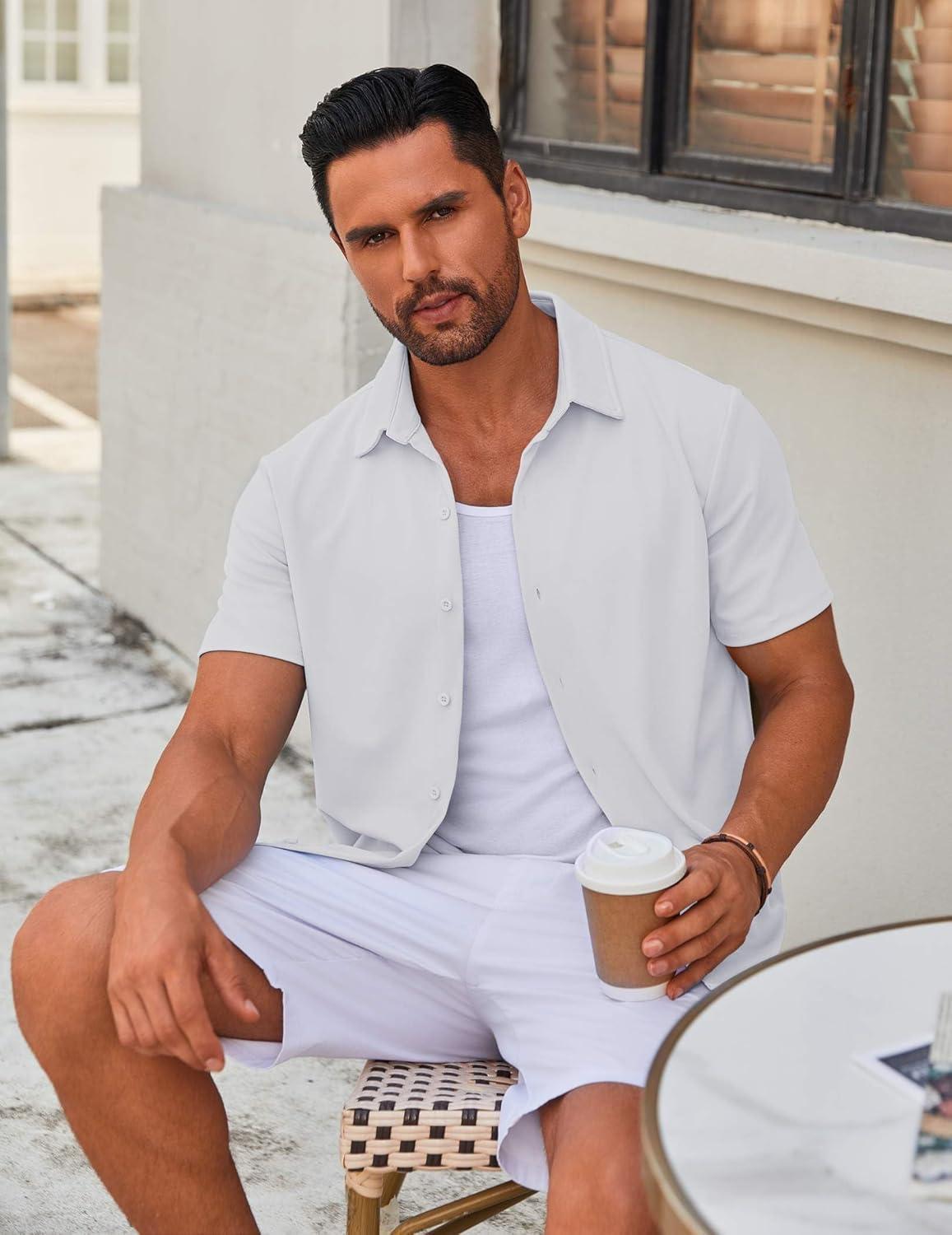 imageCOOFANDY Mens Casual Button Down Short Sleeve Shirts Untucked Wrinkle Free Shirt Stretch Dress ShirtsWhite