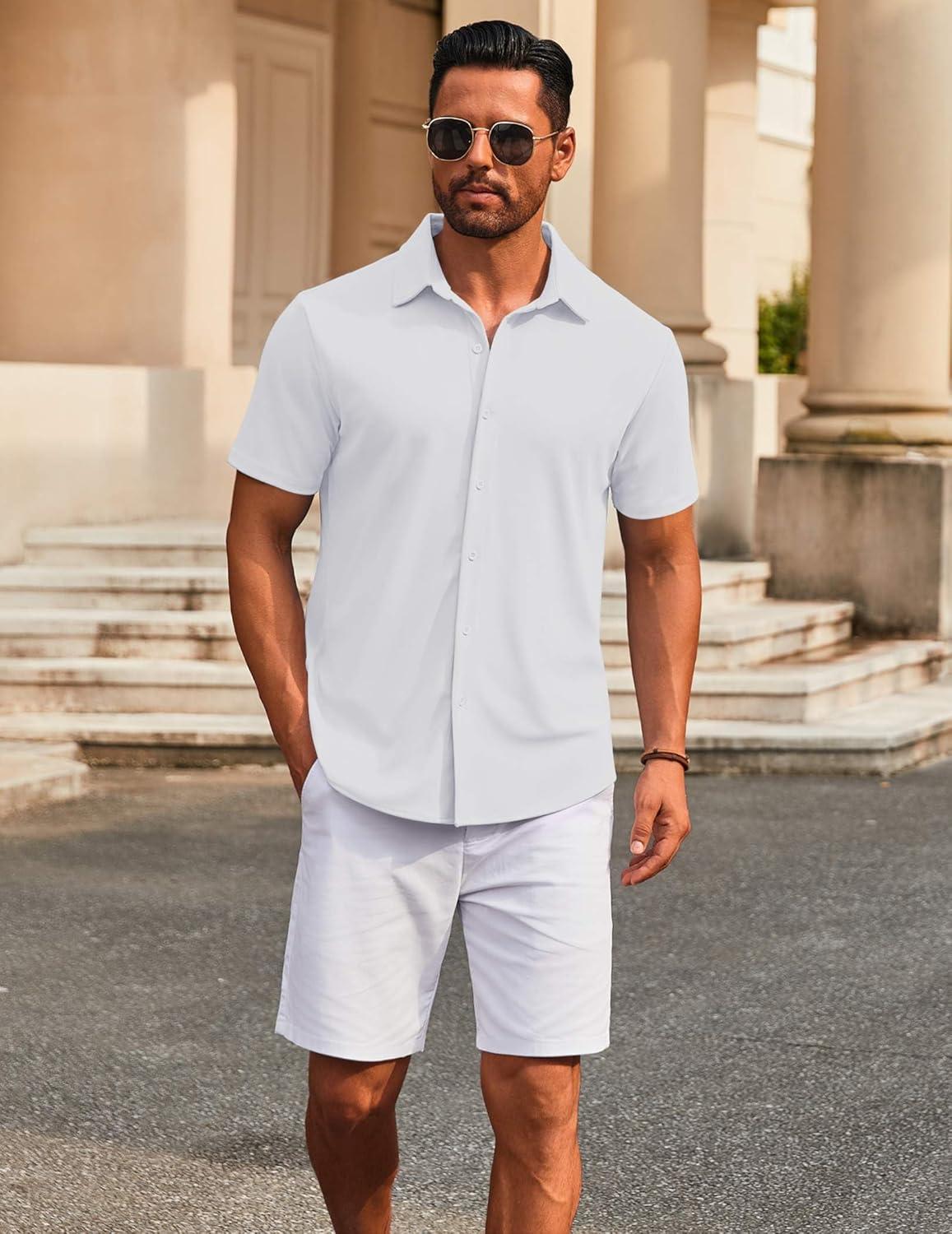 imageCOOFANDY Mens Casual Button Down Short Sleeve Shirts Untucked Wrinkle Free Shirt Stretch Dress ShirtsWhite