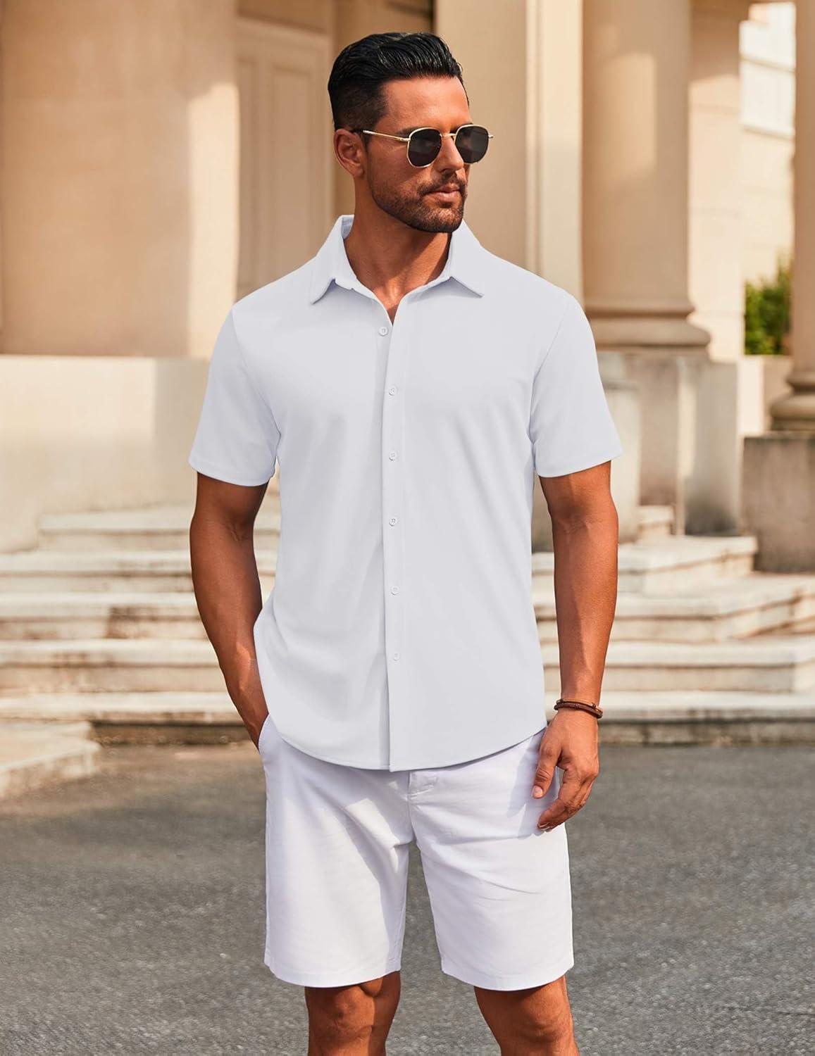 imageCOOFANDY Mens Casual Button Down Short Sleeve Shirts Untucked Wrinkle Free Shirt Stretch Dress ShirtsWhite