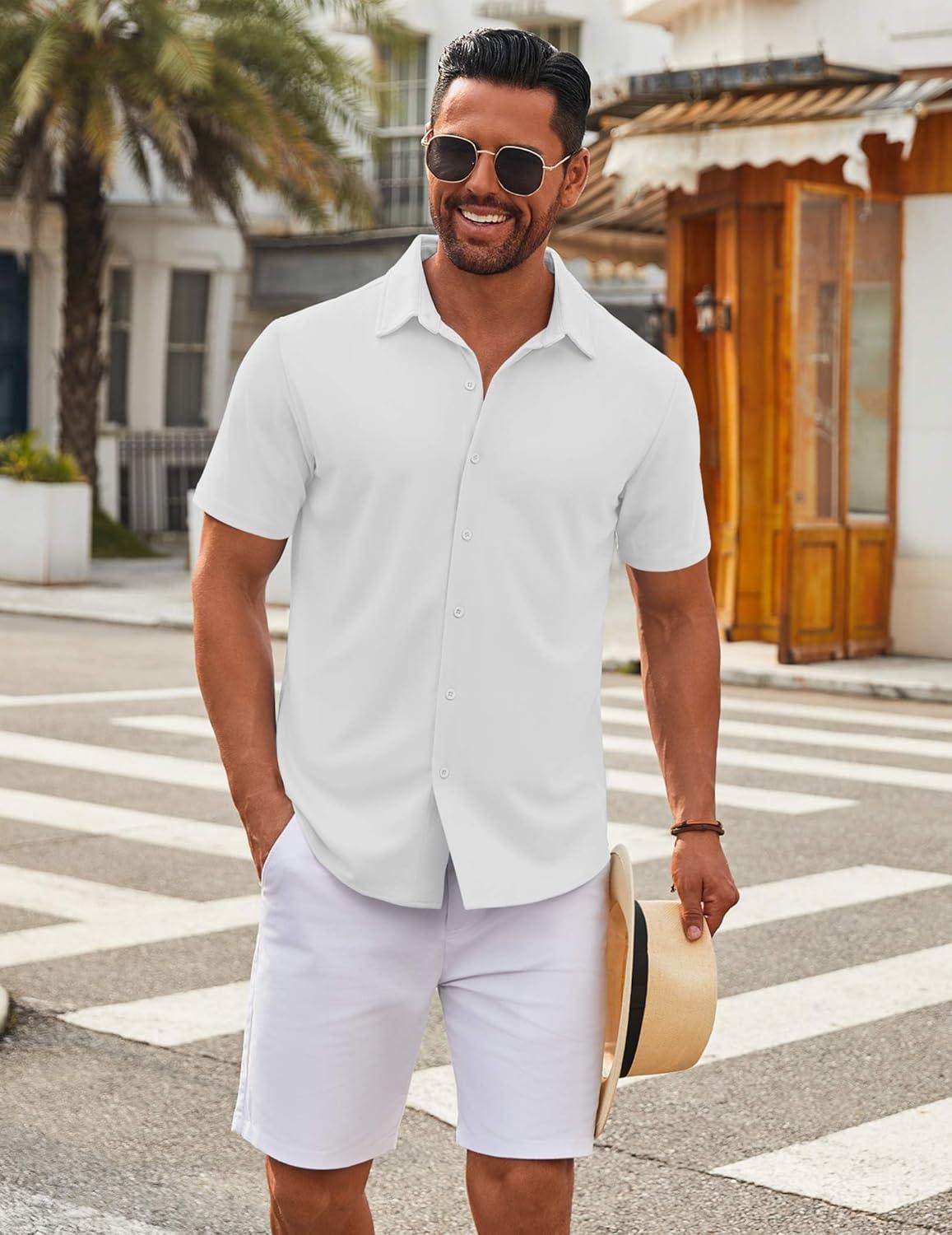imageCOOFANDY Mens Casual Button Down Short Sleeve Shirts Untucked Wrinkle Free Shirt Stretch Dress ShirtsWhite