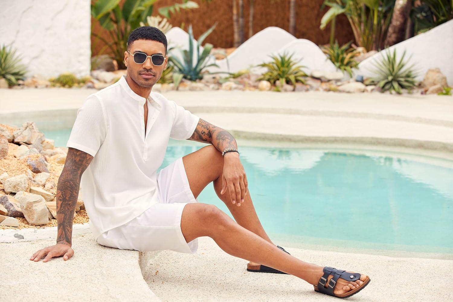 imageCOOFANDY Mens Casual Henley Shirt Band Collar Short Sleeve Shirt Summer Beach Hippie TShirt01white