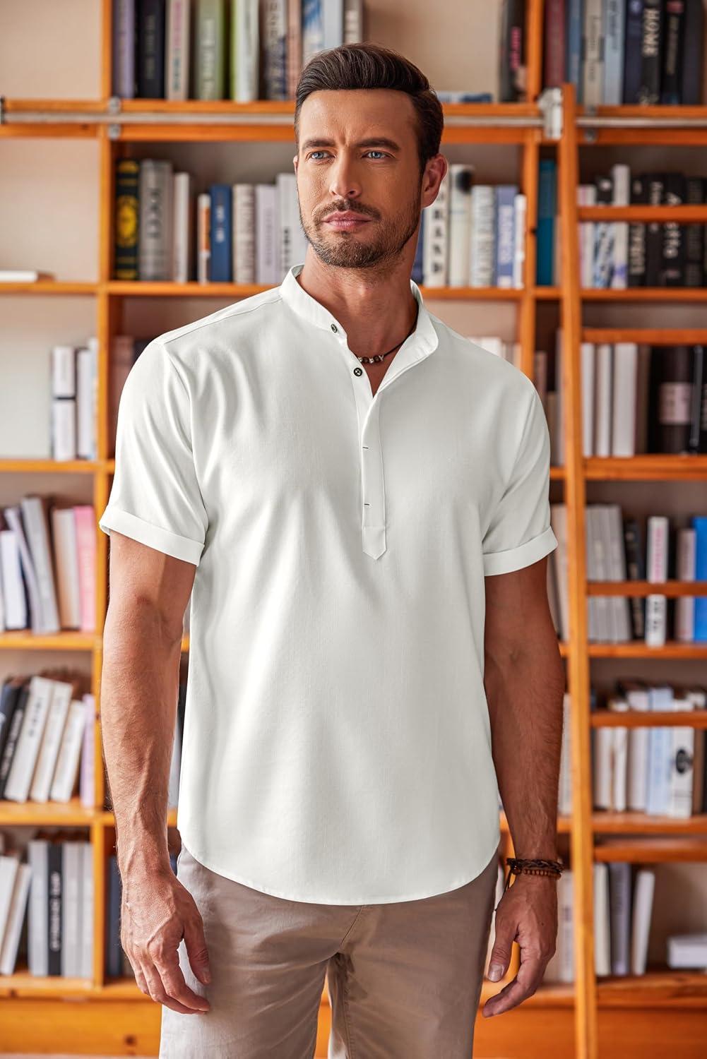 imageCOOFANDY Mens Casual Henley Shirt Band Collar Short Sleeve Shirt Summer Beach Hippie TShirt1white