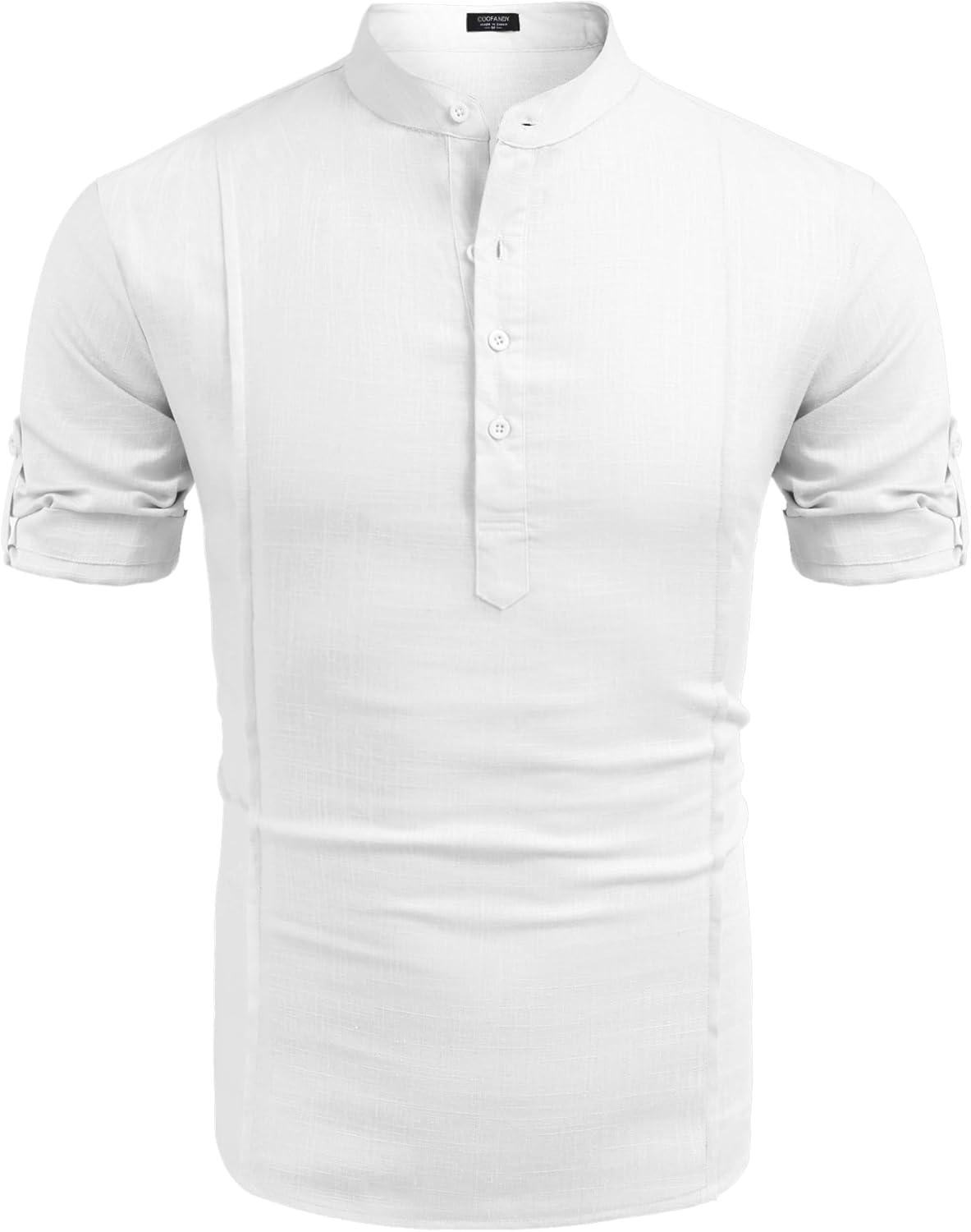 imageCOOFANDY Mens Casual Henley Shirt Band Collar Short Sleeve Shirt Summer Beach Hippie TShirtAll White