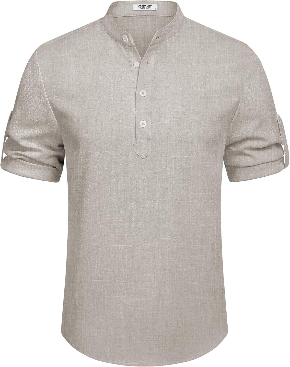 imageCOOFANDY Mens Casual Henley Shirt Band Collar Short Sleeve Shirt Summer Beach Hippie TShirtApricot