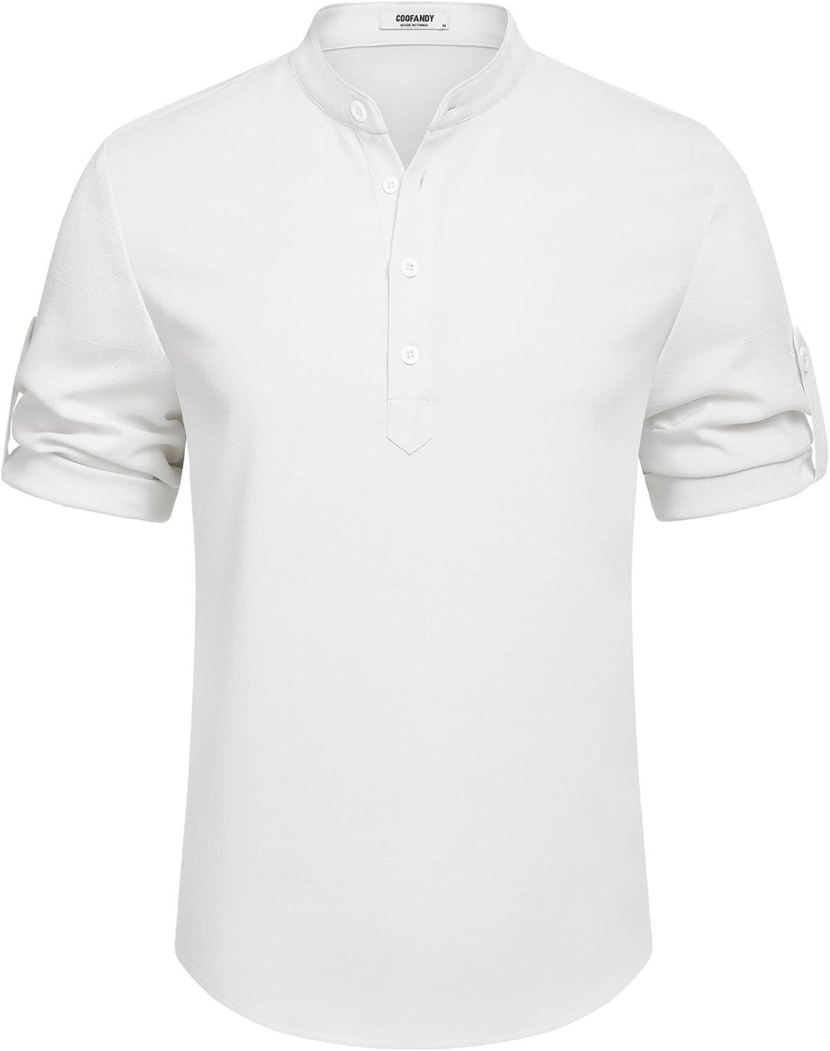 imageCOOFANDY Mens Casual Henley Shirt Band Collar Short Sleeve Shirt Summer Beach Hippie TShirtAwhite