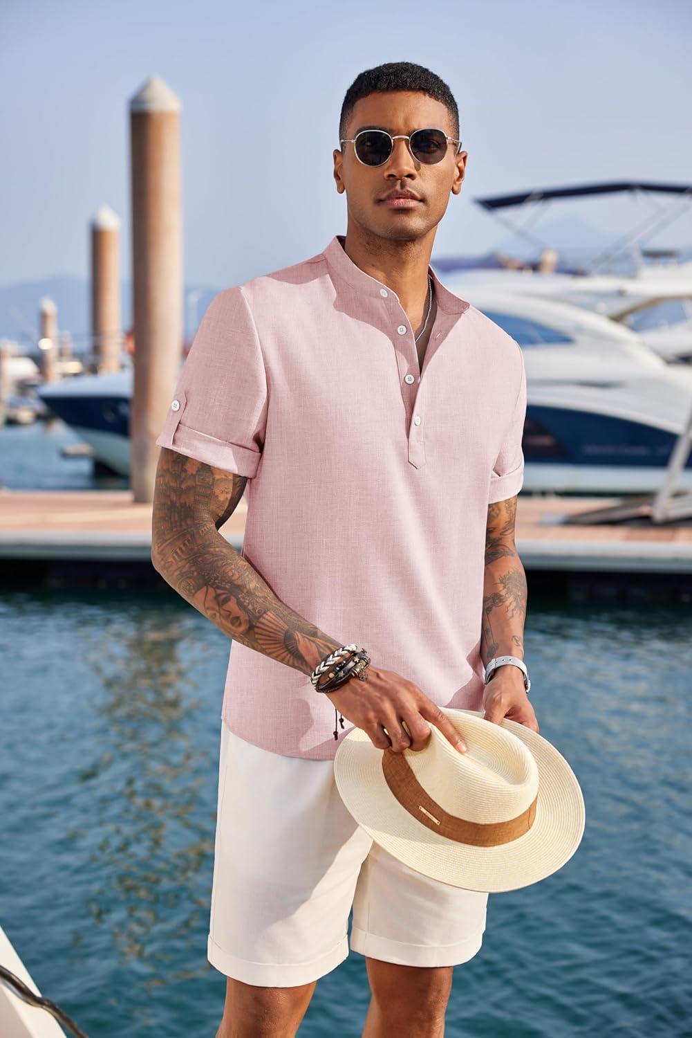 imageCOOFANDY Mens Casual Henley Shirt Band Collar Short Sleeve Shirt Summer Beach Hippie TShirtPink