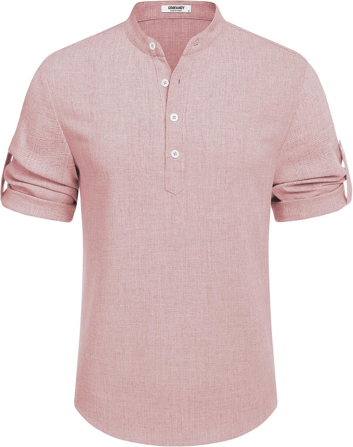 imageCOOFANDY Mens Casual Henley Shirt Band Collar Short Sleeve Shirt Summer Beach Hippie TShirtPink